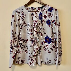 Banana Republic| Lovely Red Blue Grey Ruffled Pleated Long Sleeve Blouse Sz XS